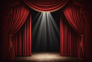 Magia teatro etapa vermelho cortinas mostrar Holofote. generativo ai foto