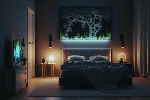 uma luxuoso doméstico quarto iluminado às noite, com intrincado mobília e arquitetura exibindo riqueza e conforto. generativo ai foto