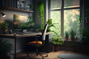 acolhedor casa escritório interior apresentando mobília, plantas de interior e ampla janelas para deixei dentro natural claro. generativo ai foto