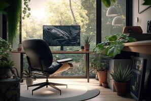 acolhedor casa escritório interior apresentando mobília, plantas de interior e ampla janelas para deixei dentro natural claro. generativo ai foto