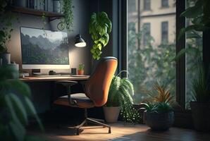 acolhedor casa escritório interior apresentando mobília, plantas de interior e ampla janelas para deixei dentro natural claro. generativo ai foto