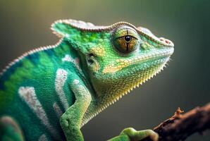 verde camaleão com texturizado pele fechar acima, borrado tropical fundo. generativo ai. foto