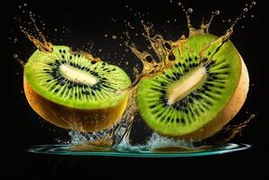 fresco kiwi com água respingo isolado em Preto fundo.. generativo ai foto