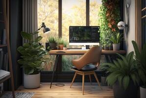 acolhedor casa escritório interior apresentando mobília, plantas de interior e ampla janelas para deixei dentro natural claro. generativo ai foto