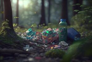 Lixo espalhado floresta.poluição conceito. generativo ai foto
