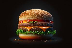 delicioso e atraente Hamburger com refrescante ingredientes em uma Sombrio fundo. generativo ai foto