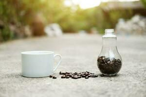 café feijões dentro vidro vaso e branco cerâmico uma copo do quente café em concreto chão com natural luz manhã dentro a jardim. cafeína bebidas causa uma fresco sentimento. foto