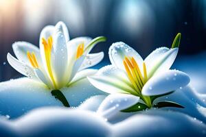 lindo branco lírio flor com água gotas em azul fundo. generativo ai foto