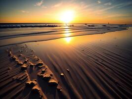 lindo pôr do sol em a de praia com reflexão dentro a água. lindo seascape. generativo ai foto
