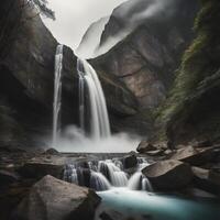 lindo cascata dentro a montanhas. artístico estilo e suave foco. generativo ai foto