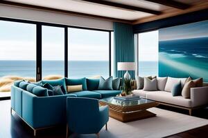 moderno vivo quarto interior com azul sofá e mar visualizar. generativo ai foto