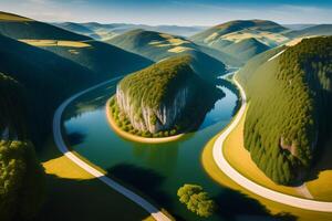 aéreo Visão do lindo panorama com azul lago e verde colinas. generativo ai foto