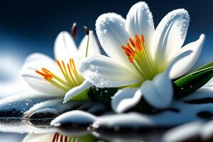 lindo branco lírio flor com água gotas em azul fundo. generativo ai foto