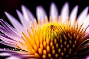 fechar acima do roxa margarida flor com água gotas em pétalas. generativo ai foto