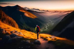 caminhante com mochila em a topo do uma montanha às nascer do sol. generativo ai foto