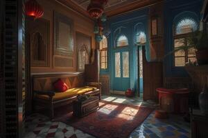 interior do a colorida marroquino riad, criada com generativo ai foto