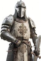 frente Visão do medieval cruzado cavaleiro capacete, isolado em branco fundo, criada com generativo ai foto