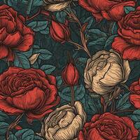 lindo vermelho rosas flor desatado padrão, criada com generativo ai foto