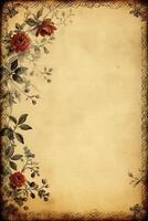 esvaziar pergaminho página com floral quadro, criada com generativo ai foto