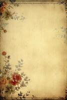 esvaziar pergaminho página com floral quadro, criada com generativo ai foto