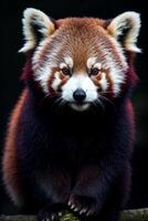 vermelho panda senta em uma árvore ramo e parece às a Câmera com uma triste expressão, animal fotografia, retrato. generativo ai, generativo, ai foto