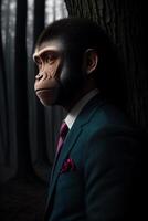 macaco dentro a Formato do uma homem dentro uma terno e gravata com roxo azulado pele em uma Preto fundo, personagem retrato, fotorrealismo. generativo ai, generativo, ai foto