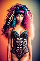 lindo erótico mulher com grandes cabelo dentro uma sutiã e calcinhas com uma colorida fundo e rosa-azul cabelo, moda fotografia, coloração foto, afrofuturismo. generativo ai, generativo, ai foto