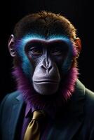 macaco dentro a Formato do uma homem dentro uma terno e gravata com roxo azulado pele em uma Preto fundo, personagem retrato, fotorrealismo. generativo ai, generativo, ai foto
