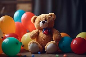 fofa Urso de pelúcia Urso com colorida balões, crianças' aniversário conceito, generativo ai foto
