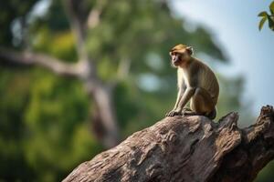 macaco em topo do uma árvore dentro a verão temporada, generativo ai foto