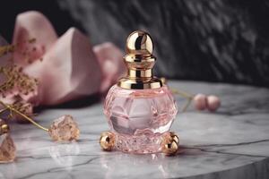 luxo rosas perfume brincar vidro garrafa em topo do uma mármore mesa, produtos mostrar, generativo ai foto