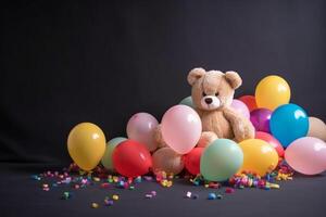 fofa Urso de pelúcia Urso com colorida balões, crianças' aniversário conceito, generativo ai foto