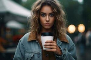 retrato uma lindo mulher segurando uma copo do café ai gerar foto