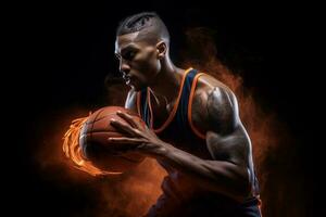 retrato do uma basquetebol atleta em uma Preto fundo ai gerar foto