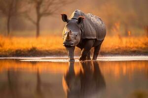retrato rinoceronte caminhando em a floresta ai gerar foto