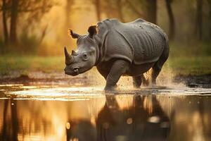 retrato rinoceronte caminhando em a floresta ai gerar foto