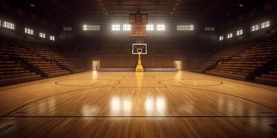 estádio basquetebol quadra com madeira chão e arquibancada com ai gerado. foto