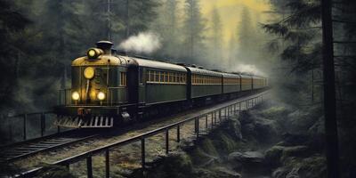 vintage vapor trem dentro uma nebuloso floresta com ai gerado. foto