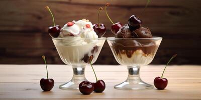 a copo do gelo creme sundae é em a mesa com ai gerado. foto