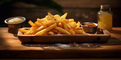 francês fritas em a madeira prato com ai gerado. foto