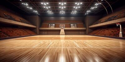 estádio basquetebol quadra com madeira chão e arquibancada com ai gerado. foto