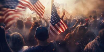 multidão do pessoas com americano bandeira dentro a rua com ai gerado. foto