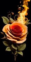 ilustração do uma rosa com chama dentro Preto fundo. generativo ai foto