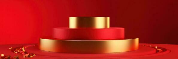 vermelho moderno estilo 1 pódio produtos mostruário com dourado anel quadro, Armação japonês estilo padronizar fundo. uma luxo etapa para produtos anúncio. foto