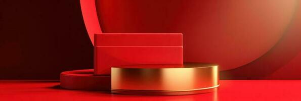 vermelho moderno estilo 1 pódio produtos mostruário com dourado anel quadro, Armação japonês estilo padronizar fundo. uma luxo etapa para produtos anúncio. foto