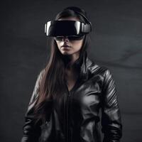 uma mulher vestindo uma virtual realidade fone de ouvido. ai gerado ilustração. foto