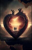 lá é uma homem e mulher em pé dentro coração em forma estrutura. generativo ai. foto