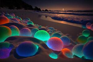 grupo do brilhando bolas sentado em topo do uma arenoso de praia. generativo ai. foto