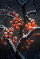 árvore preenchidas com grande quantidade do laranja fruta coberto dentro neve. generativo ai. foto