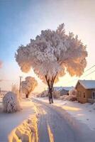 árvore este é em pé dentro a neve. generativo ai. foto